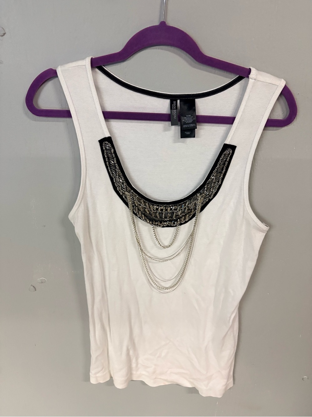 Bisou Bisou Y2K White Embellished Tank Top with Chain Detail
